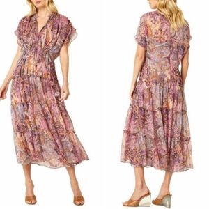 NWT MISA Los Angeles Ilya Size Medium Boho Pink Sheer V-Neck Ruffled Midi Dress